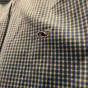Vineyard Vines Blue Little Gingham Whale Shirt Long Sleeve Button Down Medium SZ